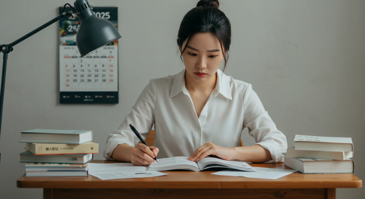 2025년 달력 앞에서 공무원 시험 일정을 확인하며 공부하는 수험생