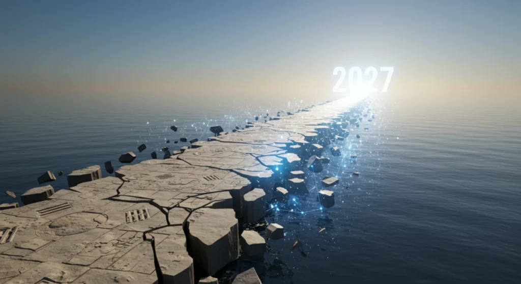오래된 돌길이 빛나는 데이터의 다리로 변모하며 2027년을 향해 뻗어 나가는 모습은, 2027년 9급 공무원 한국사 개편을 통해 시험의 패러다임이 근본적으로 바뀐다는 것을 상징적으로 표현