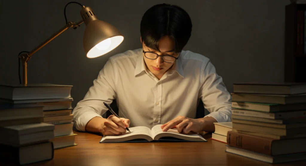 9급 공무원 시험 합격을 위해 책상에 앉아 집중해서 공부하는 사람