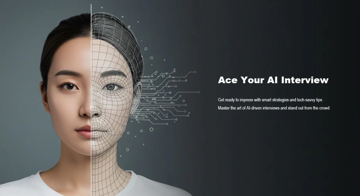 인간의 얼굴과 디지털 와이어프레임이 결합되어 AI 면접 준비 과정에서의 인간과 기술의 조화를 상징하는 이미지