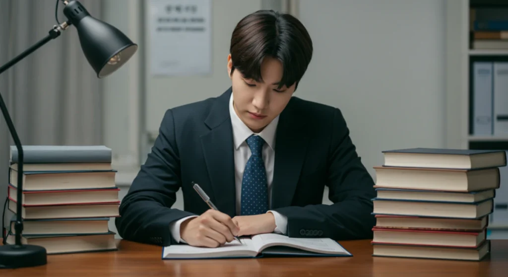 공무원 시험 합격을 위해 책상에 앉아 집중해서 공부하는 사람