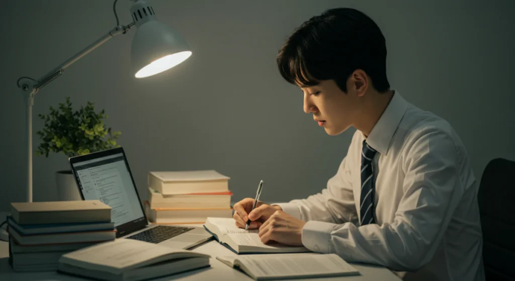 책상에 앉아 공무원 시험 종류 관련 서적을 보며 공부하는 사람