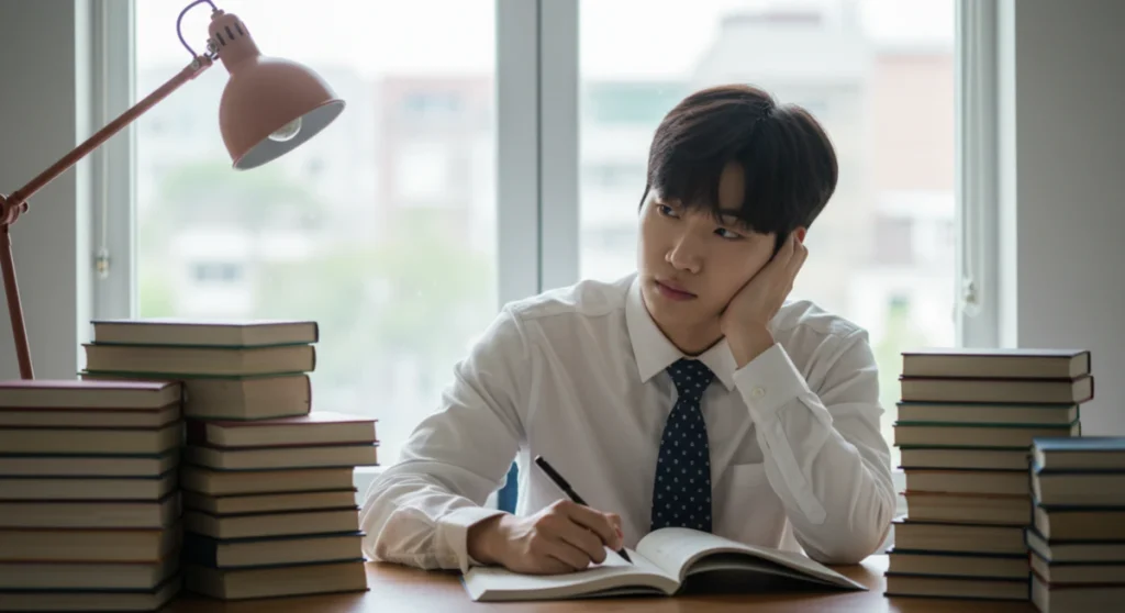 책상에 앉아 집중하며 공무원 시험 준비를 하는 수험생