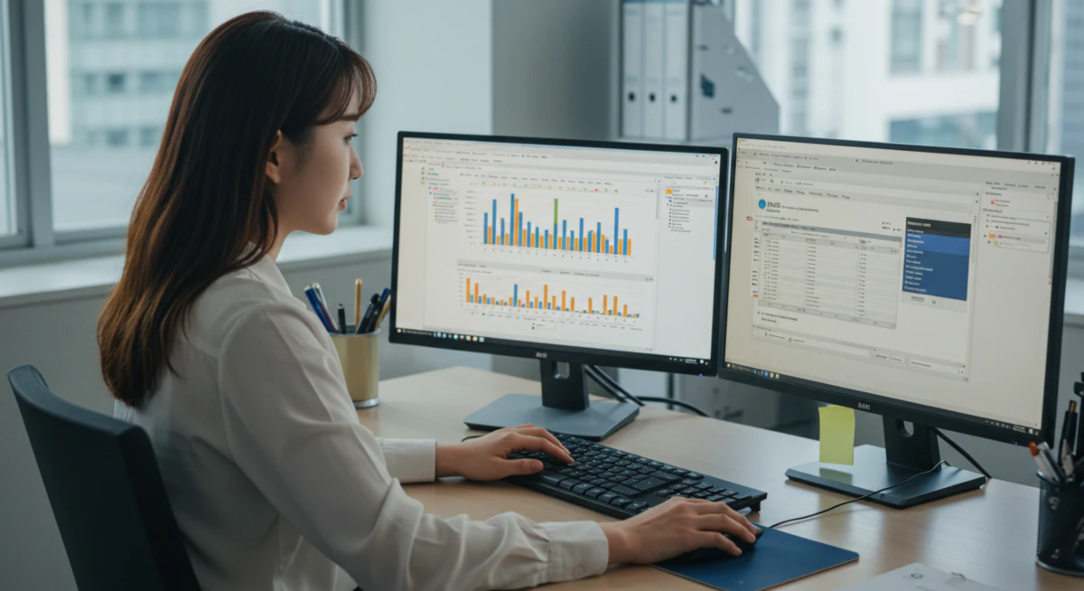 엑셀과 액세스 아이콘 계단을 올라 빛나는 컴퓨터활용능력 자격증 트로피를 향해 나아가는 사람의 상징적인 모습