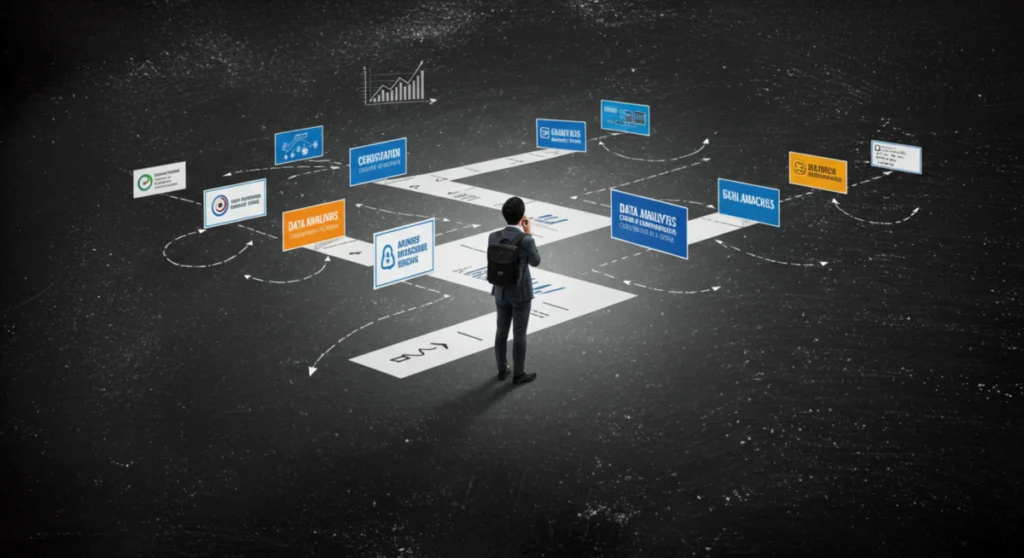 여러 데이터 분석 자격증 이름이 적힌 갈림길에서 자신의 진로를 고민하는 사람의 모습