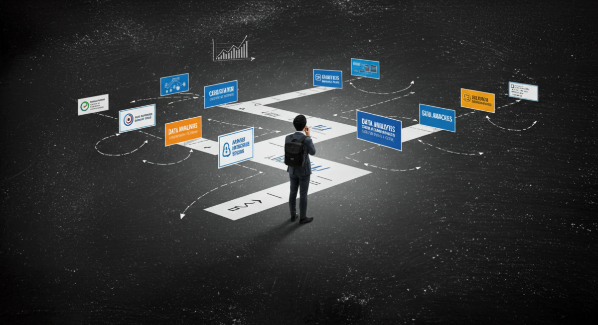 여러 데이터 분석 자격증 이름이 적힌 갈림길에서 자신의 진로를 고민하는 사람의 모습