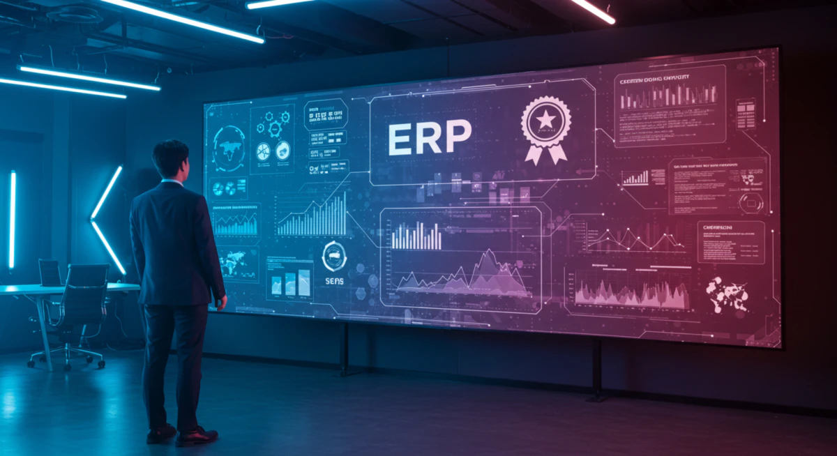 ERP 정보관리사 자격증을 상징하는 미래지향적 디지털 화면 앞에서 당당하게 서 있는 전문가의 모습