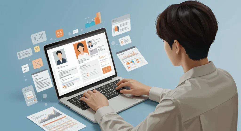 노트북으로 자신의 취업 포트폴리오 만들기를 하고 있는 사람