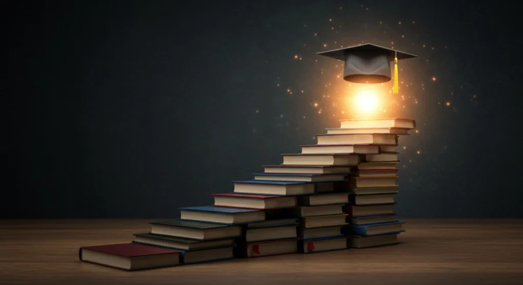 책으로 만들어진 계단을 올라 밝게 빛나는 학사모를 향해 나아가는 모습은 평생교육이용권 신청 방법을 통해 경력을 성장시키는 과정을 상징