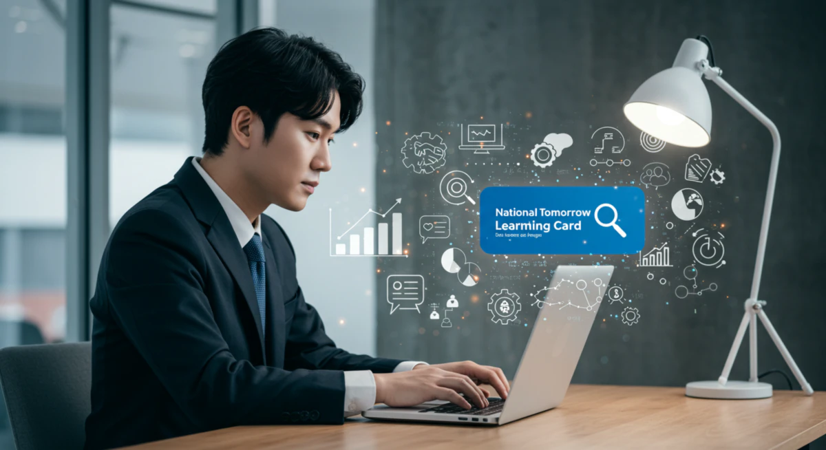노트북으로 국민내일배움카드 사용법을 검색하며 온라인 강의를 수강하는 전문가의 모습. 이는 자기 계발을 위한 성공적인 첫걸음이다.