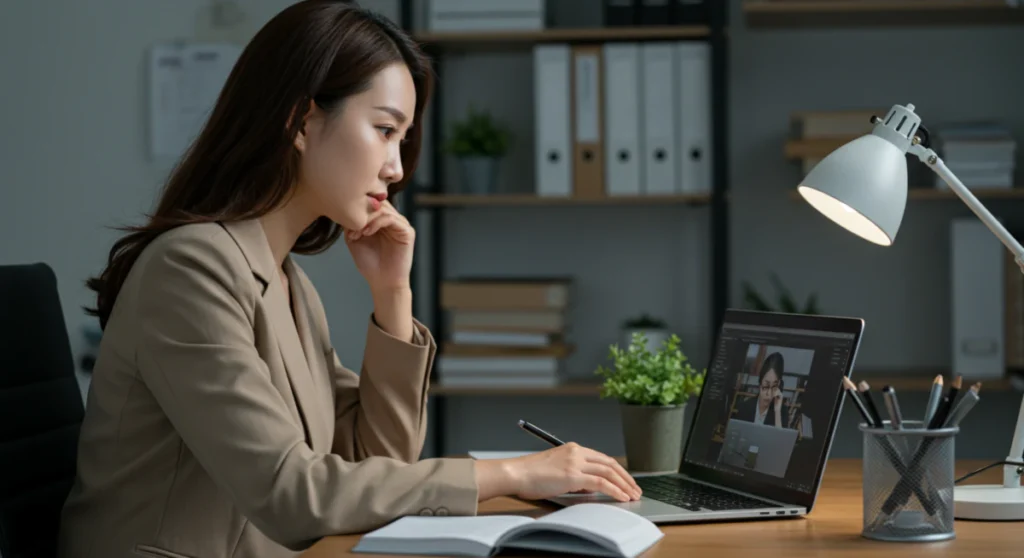 커리어 전환을 위해 노트북으로 직장인 온라인 대학 강의를 수강하는 여성