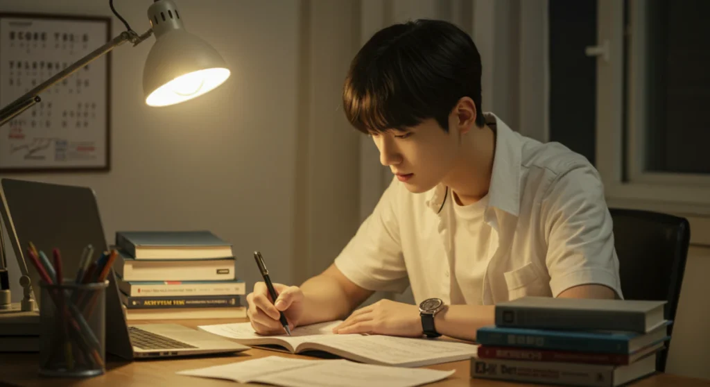 인적성 검사 준비를 위해 책상에서 집중하며 공부하는 청년의 모습