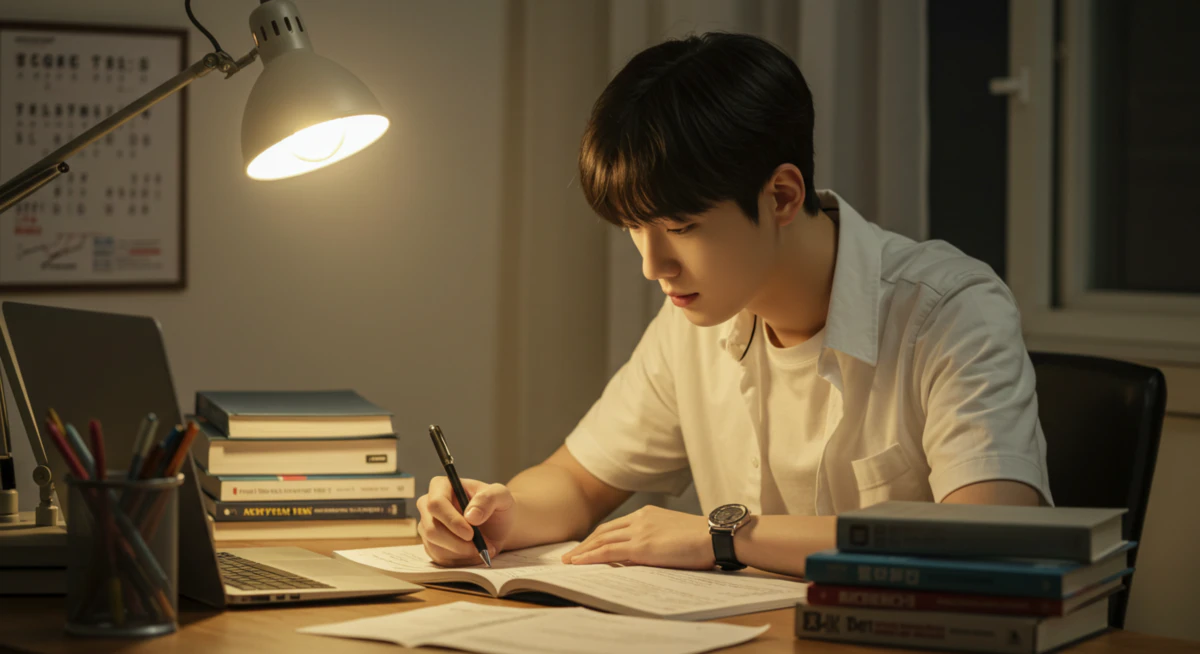 인적성 검사 준비를 위해 책상에서 집중하며 공부하는 청년의 모습