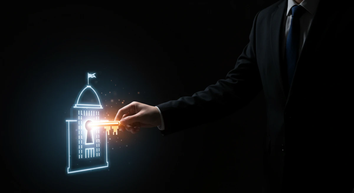 한 취업 준비생이 정부 건물 모양의 열쇠 구멍에 빛나는 열쇠를 꽂는 상징적인 이미지. 이는 체계적인 공기업 취업 준비 방법을 통한 최종 합격을 의미