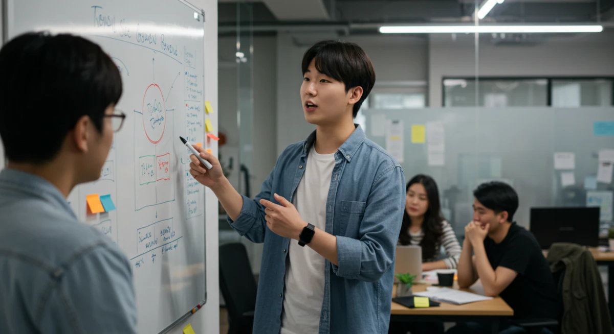 스타트업 사무실에서 자신의 프로젝트를 열정적으로 설명하는 젊은 한국인 전문가. 그의 모습은 스펙 없는 취업 성공 사례의 핵심인 실무 능력과 협업의 중요성을 보여준다
