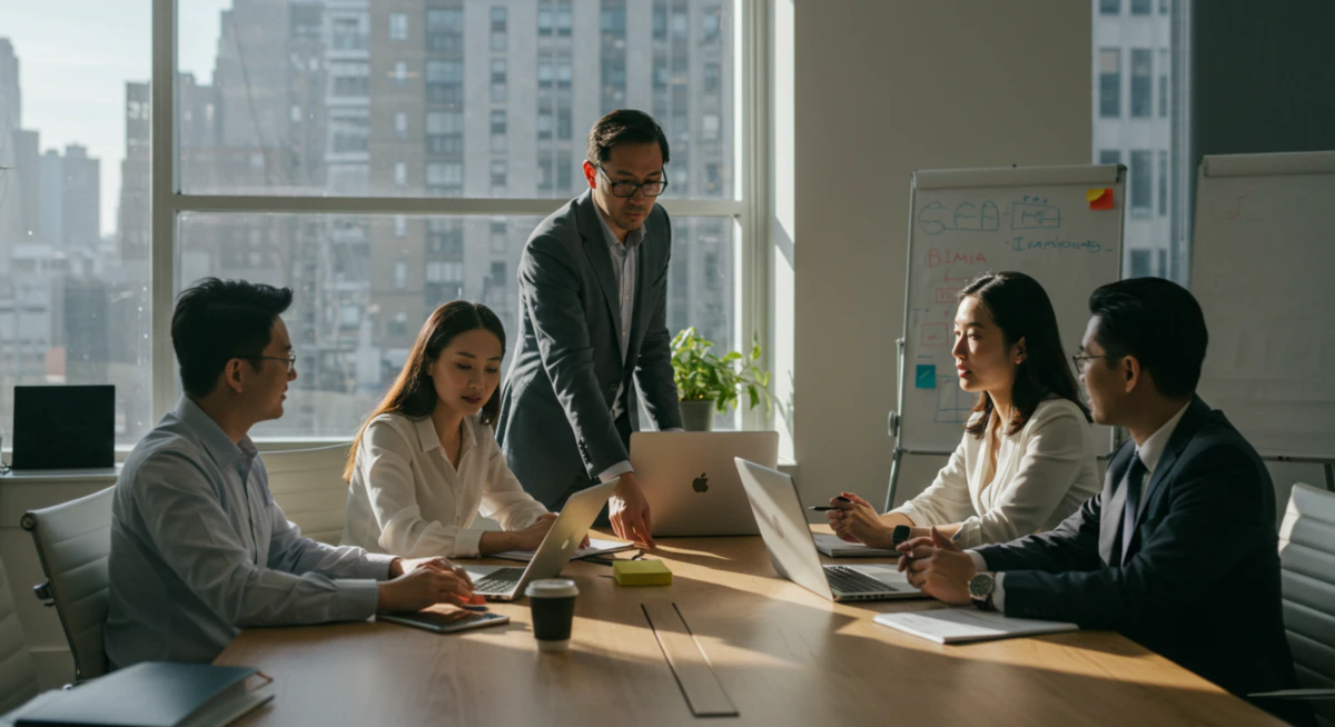현대적인 해외 오피스에서 다양한 국적의 동료들과 협업하는 한국인의 모습은 성공적인 해외 취업 준비 자격증의 결과를 보여줌