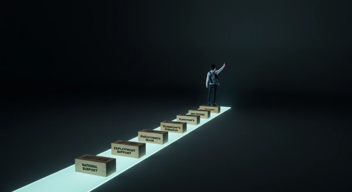 정부의 지원을 상징하는 빛나는 길 위에서 커리어의 첫걸음을 내딛는 한국 청년의 모습. 이는 청년 취업 지원금 신청 방법을 통해 새로운 미래를 여는 것을 상징한다