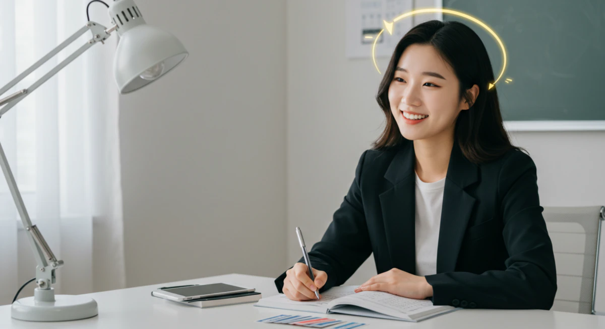 뇌과학 기반 토익 고득점 단어 암기법, 5단계 전략으로 완벽 정복 1 책상에 앉아 토익 고득점 단어 암기법을 적용해 공부하며 밝게 웃고 있는 한국인 수험생