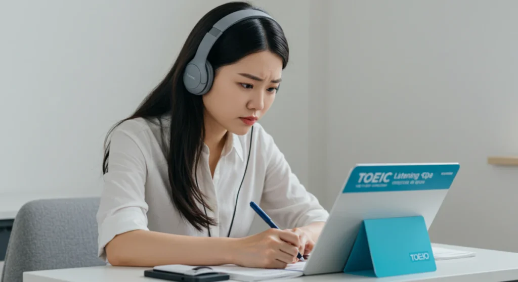 토익 LC 만점 전략을 위해 헤드폰을 끼고 집중하는 수험생