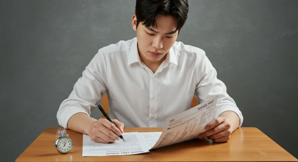 토익 RC 파트7 공략법을 위해 집중해서 문제를 푸는 학생의 모습