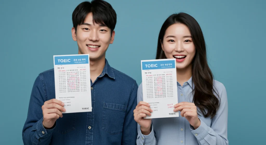 토익 단기 합격법 달성을 위해 환하게 웃으며 목표 점수가 적힌 성적표를 들고 있는 한국인 남녀
