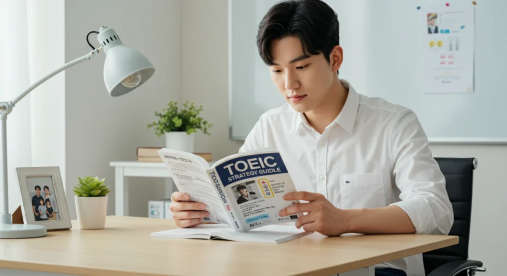 책상에 앉아 토익 공부법 책을 보며 집중하는 동기 부여된 모습의 한국인 학생