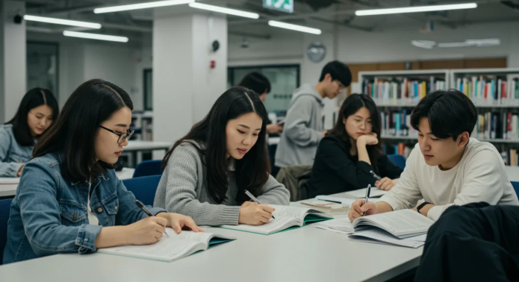 도서관에 모여 스터디 그룹을 만들어 함께 편입학 준비에 몰두하고 있는 다양한 한국 학생들의 생생한 모습