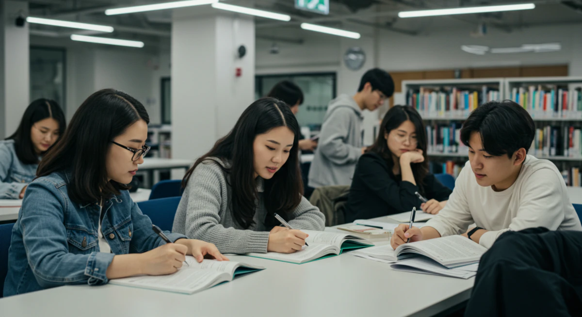 도서관에 모여 스터디 그룹을 만들어 함께 편입학 준비에 몰두하고 있는 다양한 한국 학생들의 생생한 모습