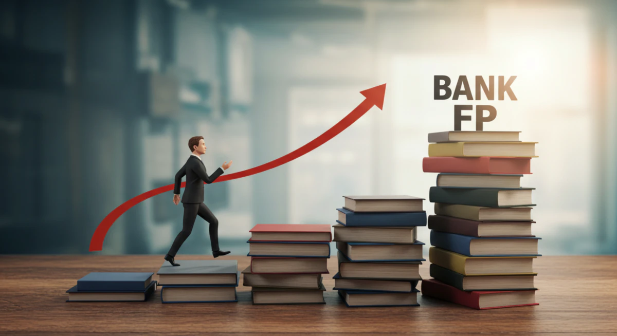 책으로 만들어진 계단을 올라 '은행FP 합격'이라는 목표에 도달하는 모습을 통해, 은행FP 자격증 취득을 위한 노력과 성공적인 커리어의 시작을 상징적으로 표현