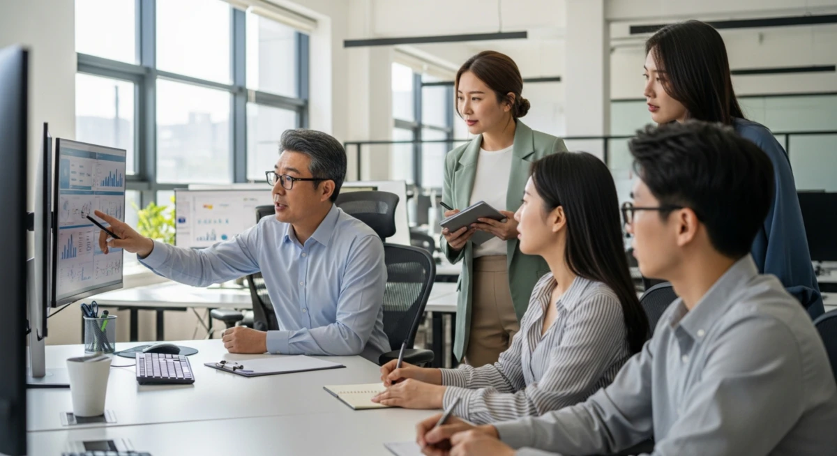 유능한 40대 한국인 직장인이 젊은 동료들과 협업하는 모습. 이는 이직 나이 제한을 극복한 전문성을 상징합니다