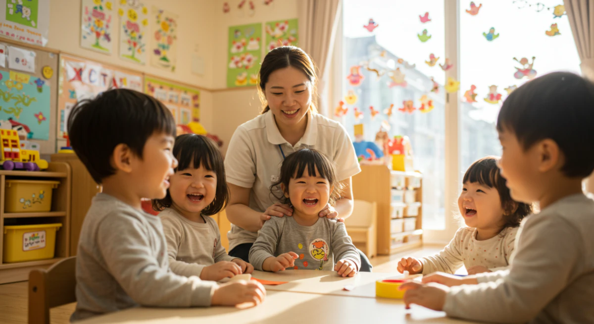 한 여성이 전문적인 서재에서 보육교사 자격증을 취득 후 아이들을 돌보고 있는 모습