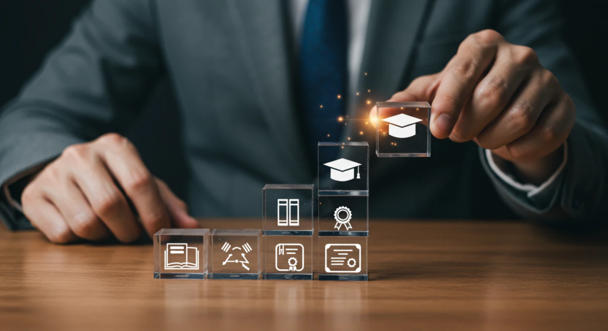 책, 자격증, 학사모 아이콘이 담긴 투명 블록을 차곡차곡 쌓아 올리는 모습. 이는 단계적인 학점은행제 학위 취득 과정을 상징한다