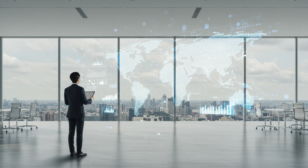 한 지원자가 성공적인 외국계 기업 취업을 상징하는 미래적인 도시의 홀로그램 데이터 속에서 비전을 그리고 있다