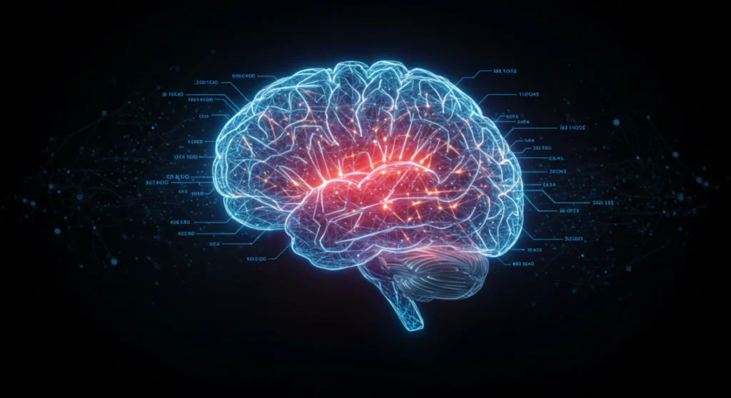 수많은 빛의 경로가 뇌의 전두엽으로 모여드는 상징적인 이미지. 이는 혼란 속에서 핵심에 집중하는 '집중력 높이는 방법'의 원리를 시각적으로 보여준다