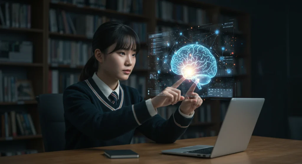 뇌 모양의 홀로그램을 보며 암기 잘하는 법을 연구하는 미래 지향적인 모습. 이는 과학적 학습 전략의 중요성을 상징한다.