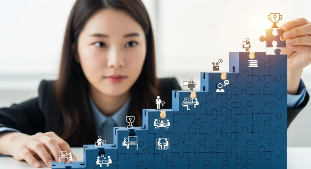 한 여성이 마지막 퍼즐 조각을 맞추며, 성공적인 공기업 취업 준비를 상징하는 계단을 완성하는 모습