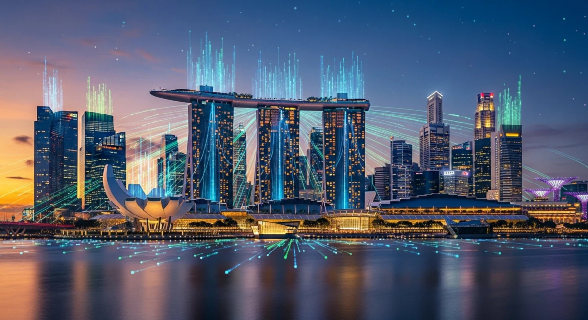 미래지향적인 싱가포르 마리나 베이 샌즈 스카이라인, 빛나는 데이터 스트림이 싱가포르 취업 기회를 상징함