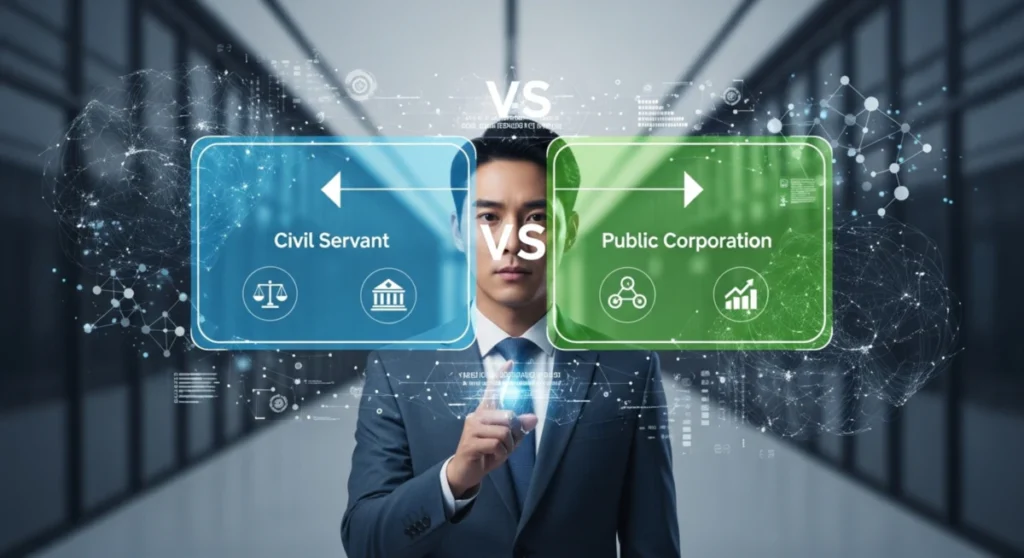 미래형 인터페이스 앞에서 '공무원'과 '공기업' 경로를 비교하는 한국인 전문가. 이는 공무원 vs 공기업 선택의 미래지향적 분석을 상징한다