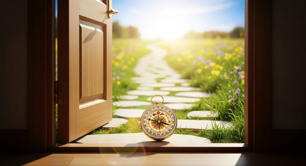 나침반이 안내하는 열린 문은 새로운 커리어 경로를 상징한다. 이는 ‘퇴사 타이밍 진단’이 제공하는 명확한 방향을 보여준다